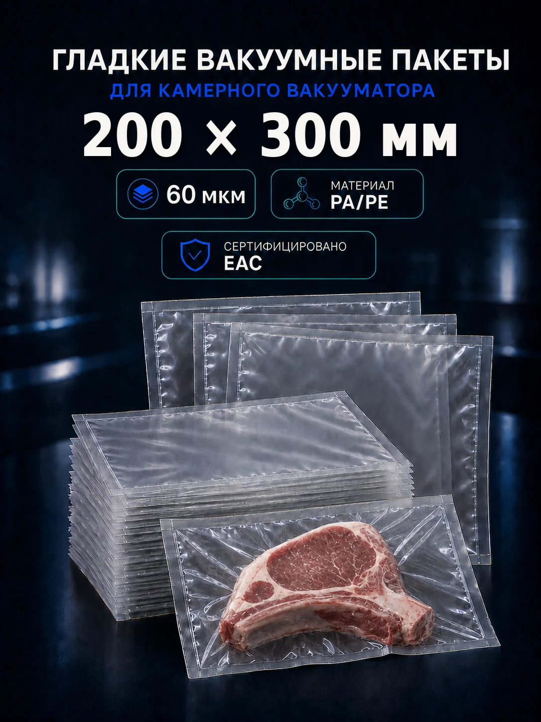 Вакуумные гладкие пакеты PA/PE 60 мкм 200x300