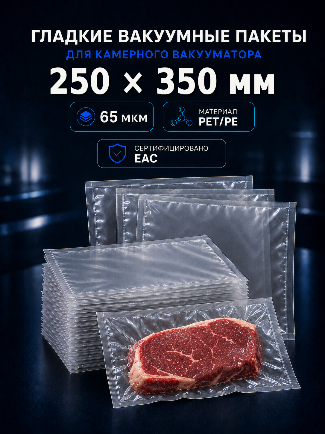 Вакуумные гладкие пакеты PET/PE 65 мкм 250x350