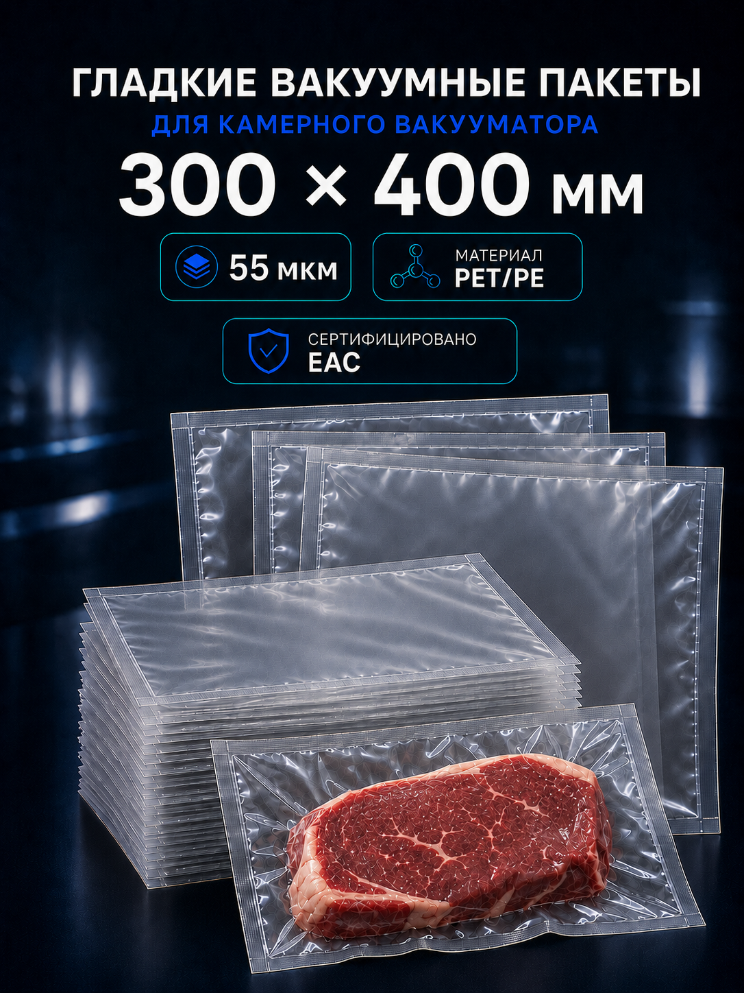 Вакуумные гладкие пакеты PET/PE 55 мкм 300x400
